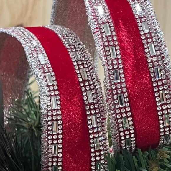 5 Yards, Red Velvet with Crystal Jewel Edge Trim Wired Christmas Ribbon - Picture 4 of 5